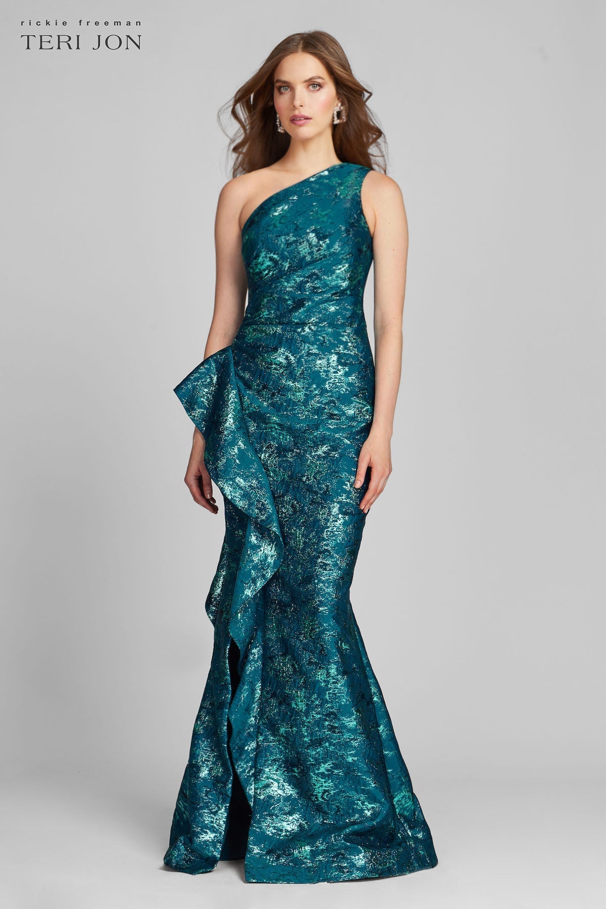 Jacquard One Shoulder Side Ruffle Gown
