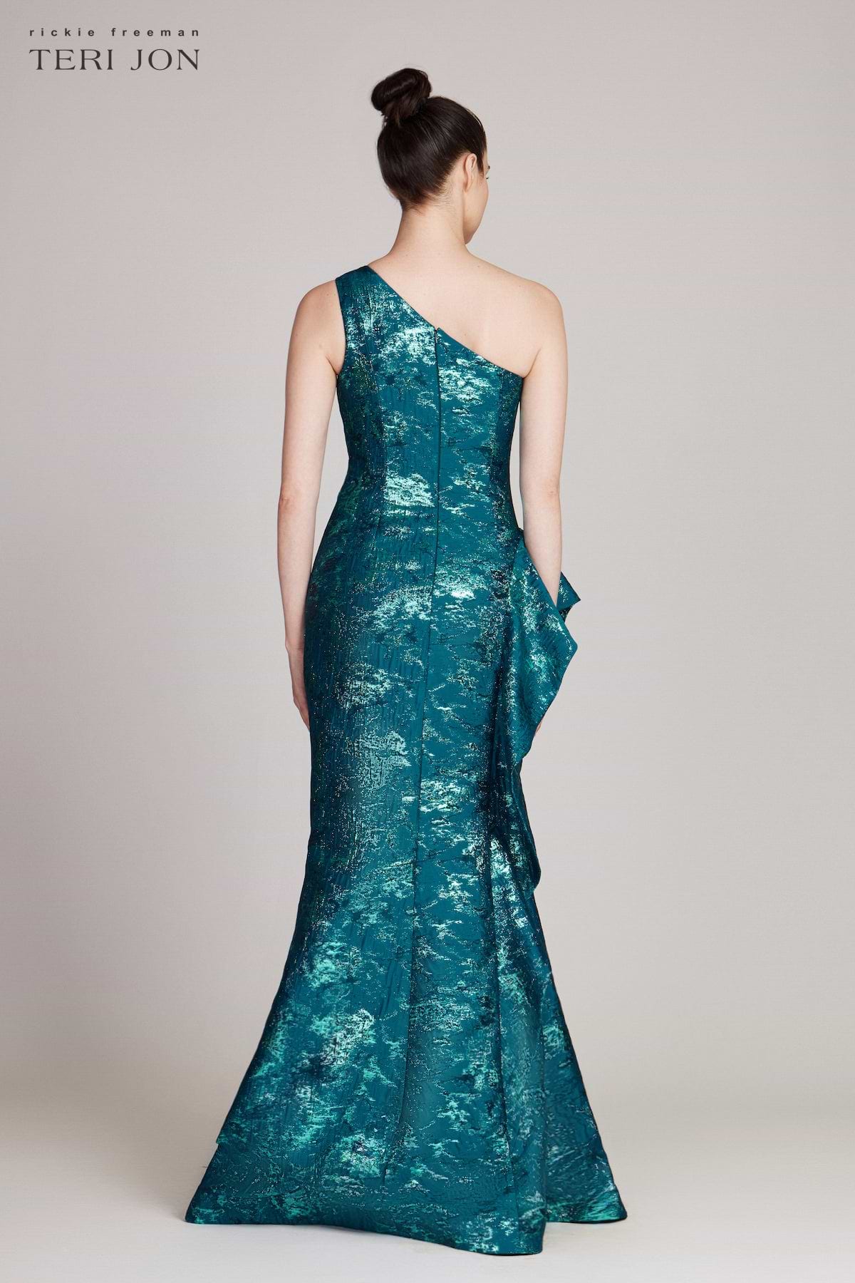 Jacquard One Shoulder Side Ruffle Gown