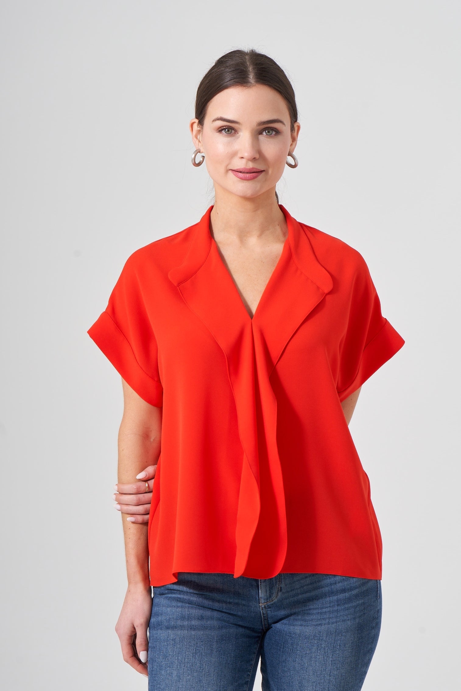 25" Oversized Short Sleeve Cascading Collar Blouse
