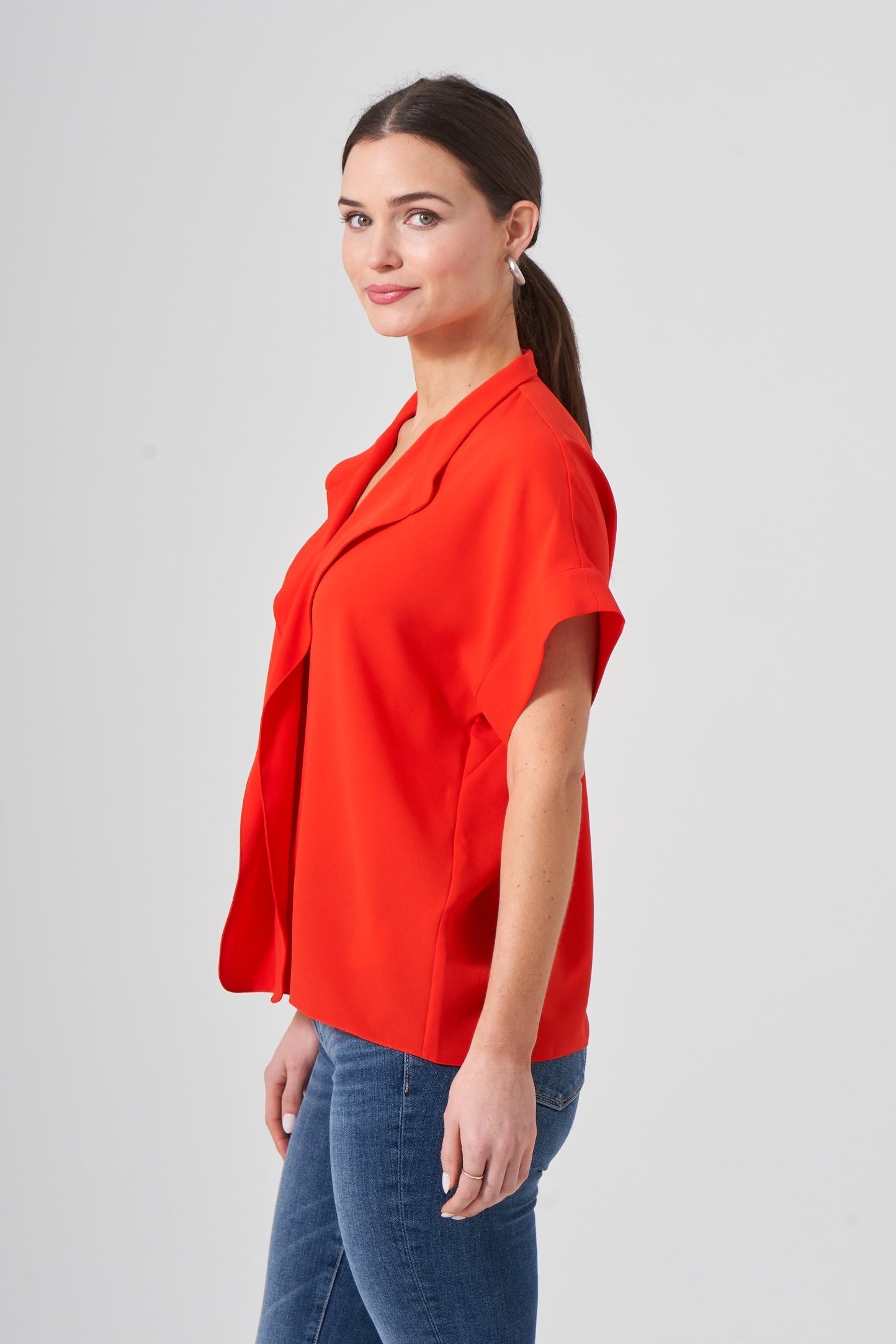 25" Oversized Short Sleeve Cascading Collar Blouse