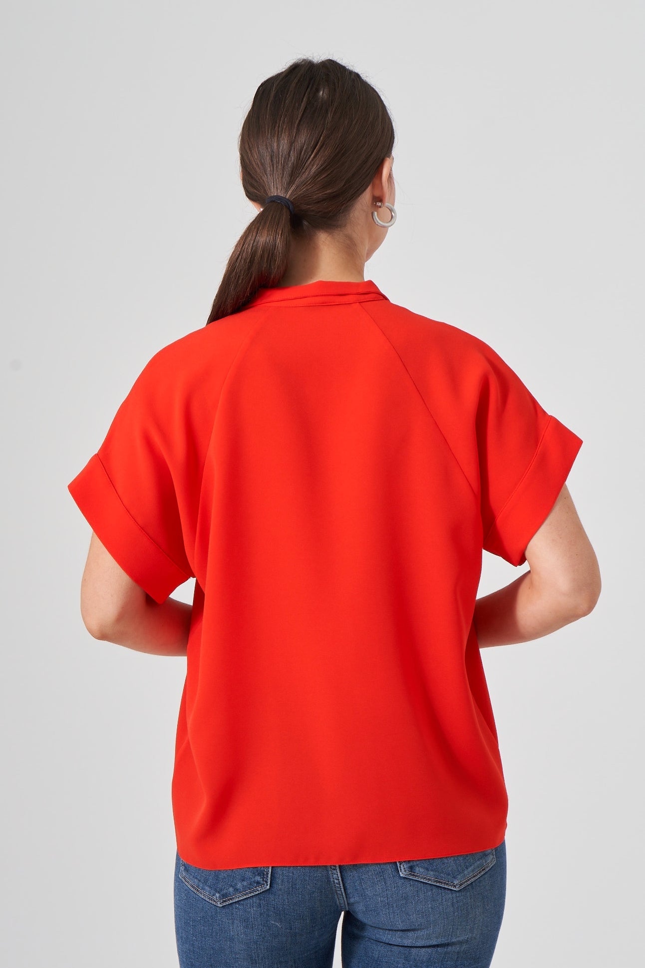 25" Oversized Short Sleeve Cascading Collar Blouse