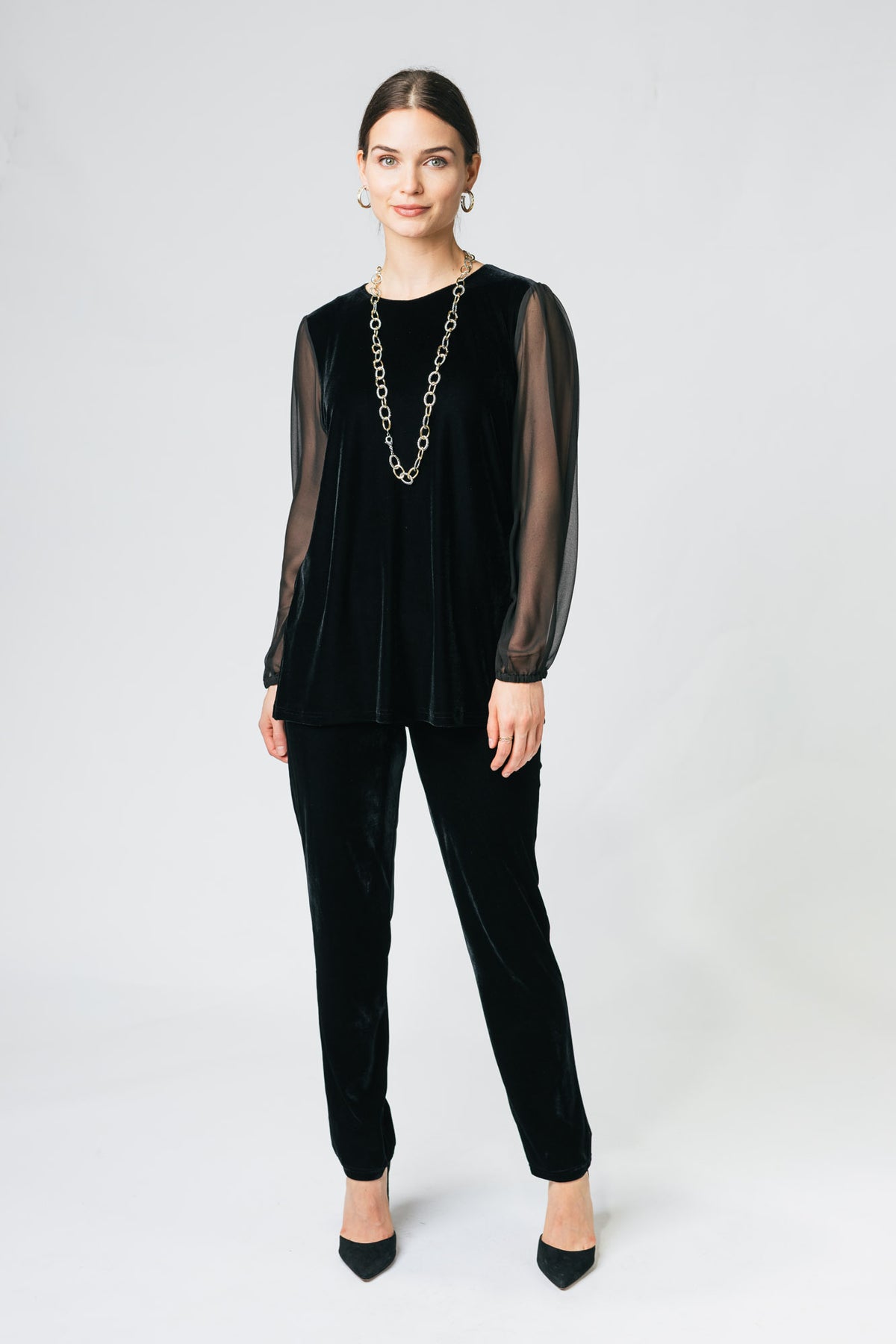 25" Velvet Scoop Neck Top with Sheer Sleeves