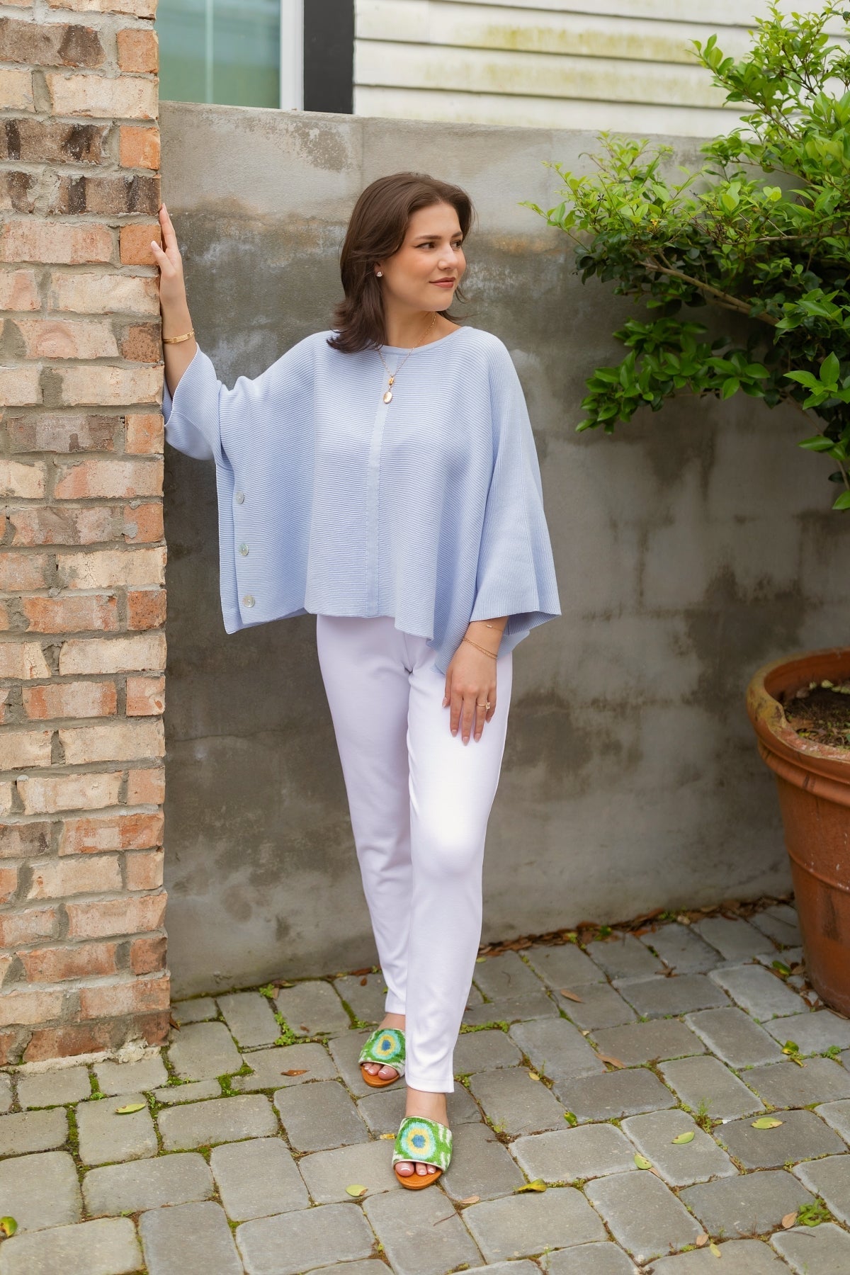 20" Square Pullover Sweater with Shell Buttons