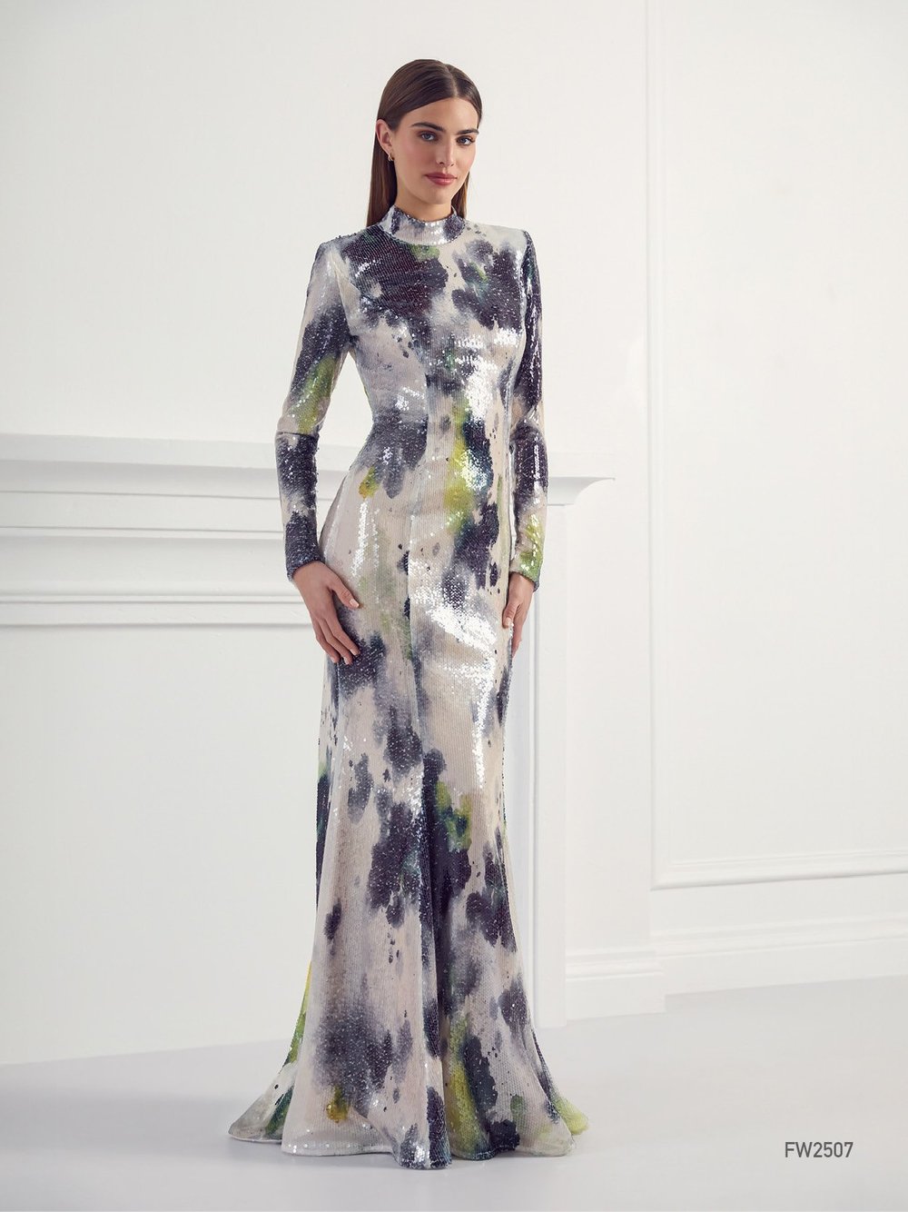 Sequin Long Sleeve Gown W/ Collar